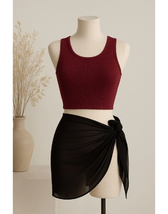 Kadın Bordo Yuvarlak Yaka Crop Ve Siyah Pareo 2li Set