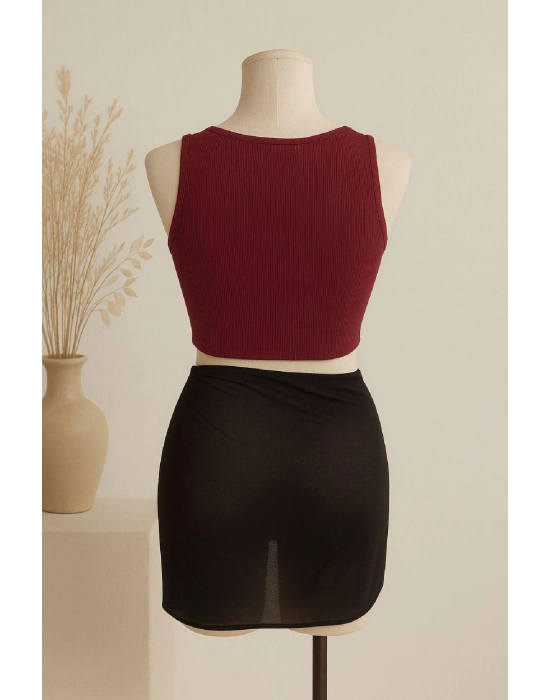 Kadın Bordo Yuvarlak Yaka Crop Ve Siyah Pareo 2li Set