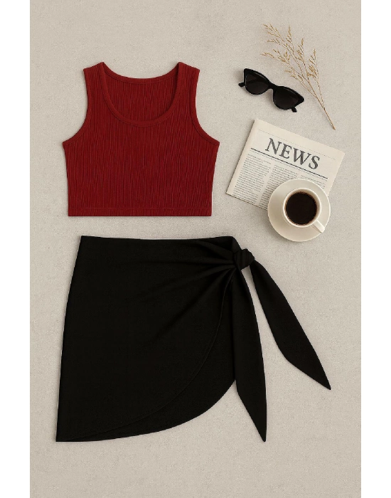 Kadın Bordo Yuvarlak Yaka Crop Ve Siyah Pareo 2li Set