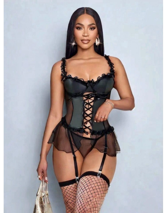 Kadın Çoraplı Lame Deri Fantezi Kostüm Elbise Seksi Gece Fantazi Kostüm 9002