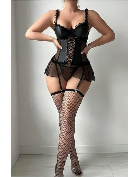 Kadın Çoraplı Lame Deri Fantezi Kostüm Elbise Seksi Gece Fantazi Kostüm 9002