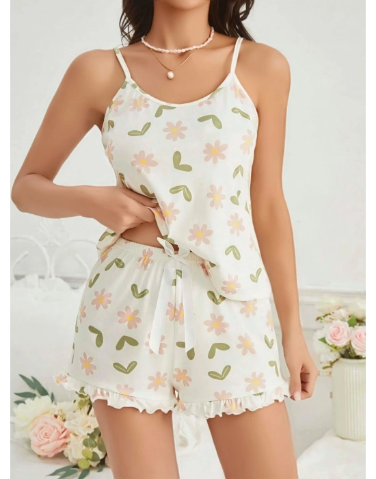 Kadın Ekru Çiçek Baskılı Şortlu Gecelik Pijama Takımı 5047