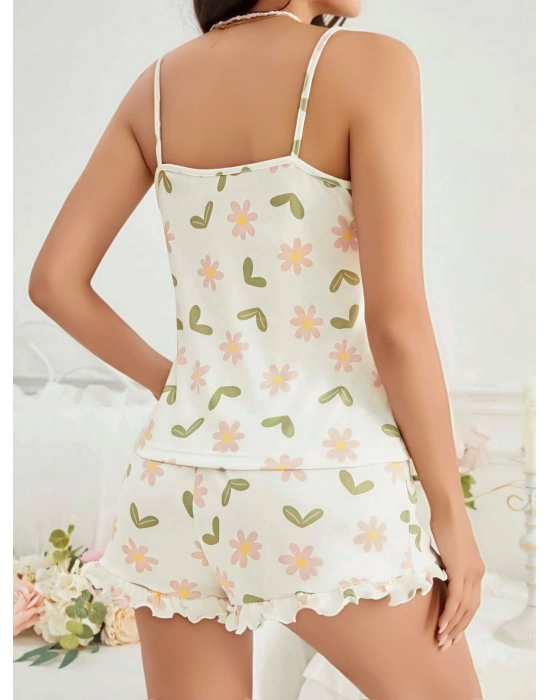 Kadın Ekru Çiçek Baskılı Şortlu Gecelik Pijama Takımı 5047