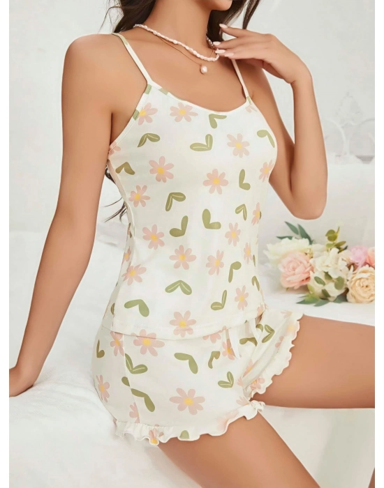 Kadın Ekru Çiçek Baskılı Şortlu Gecelik Pijama Takımı 5047