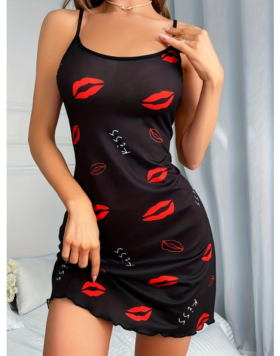 Kadın Elbise Kırmızı Dudak Desenli Askılı Seksi Elbise