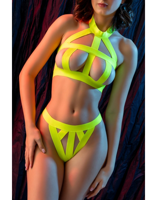 Kadın Fantazi Seksi Neon Sarı Bant Detaylı İç Giyim Takımı, Fetiş Tarz İki Parça Transparan Set