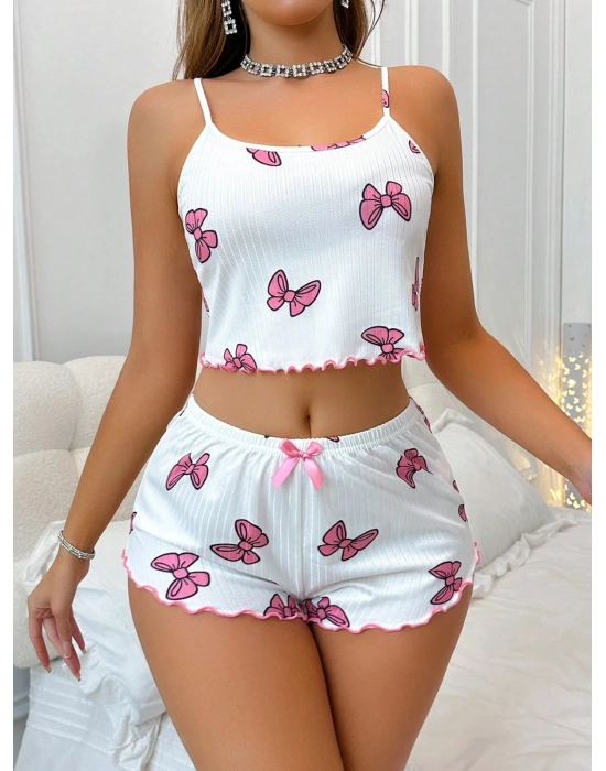 Kadın Fiyonklu Beyaz Şortlu Pijama Takımı