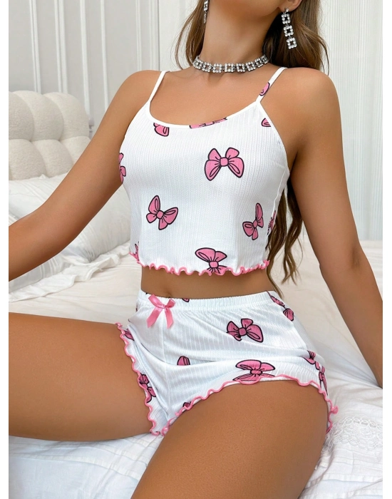 Kadın Fiyonklu Beyaz Şortlu Pijama Takımı