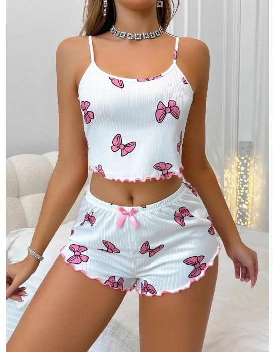 Kadın Fiyonklu Beyaz Şortlu Pijama Takımı