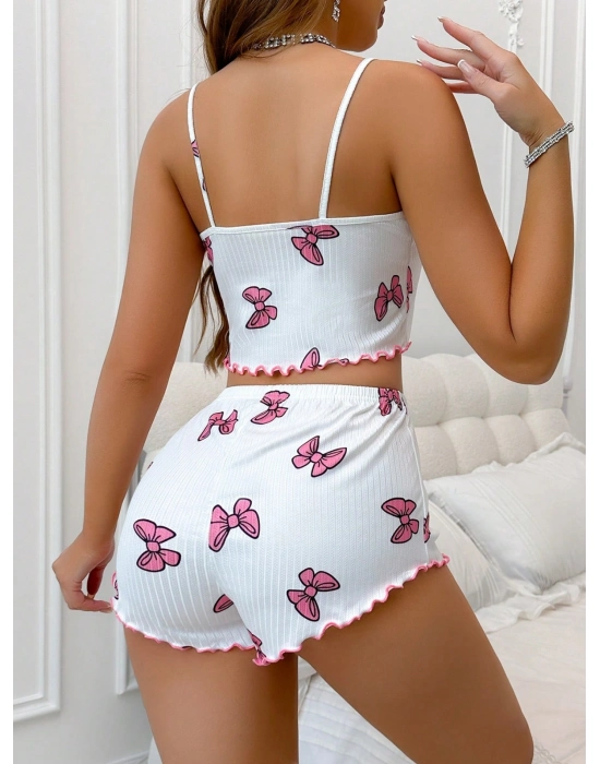 Kadın Fiyonklu Beyaz Şortlu Pijama Takımı