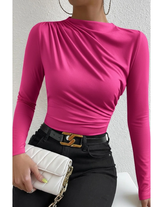 Kadın Fuşya Belden Ve Boyundan Büzgü Detaylı Uzun Kollu Bluz
