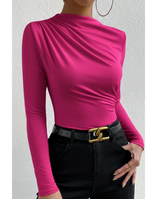 Kadın Fuşya Belden Ve Boyundan Büzgü Detaylı Uzun Kollu Bluz