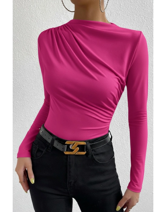 Kadın Fuşya Belden Ve Boyundan Büzgü Detaylı Uzun Kollu Bluz