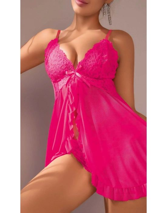 Kadın Fuşya Fantazi Gecelik Tül Önü Açık Fırfırlı Fiyok Detaylı 2113
