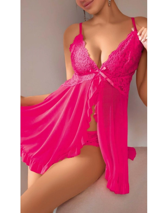 Kadın Fuşya Fantazi Gecelik Tül Önü Açık Fırfırlı Fiyok Detaylı 2113