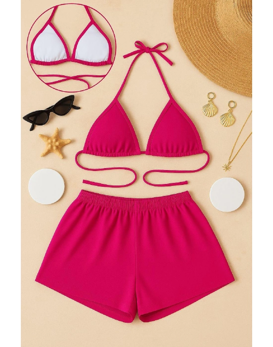 Kadın Fuşya Şortlu Belden Ve Boyundan Bağlamalı Bikini Takımı