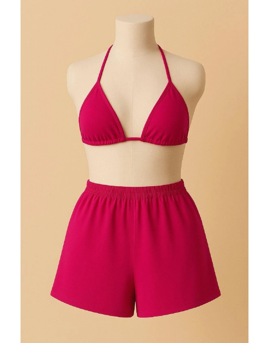 Kadın Fuşya Şortlu Belden Ve Boyundan Bağlamalı Bikini Takımı