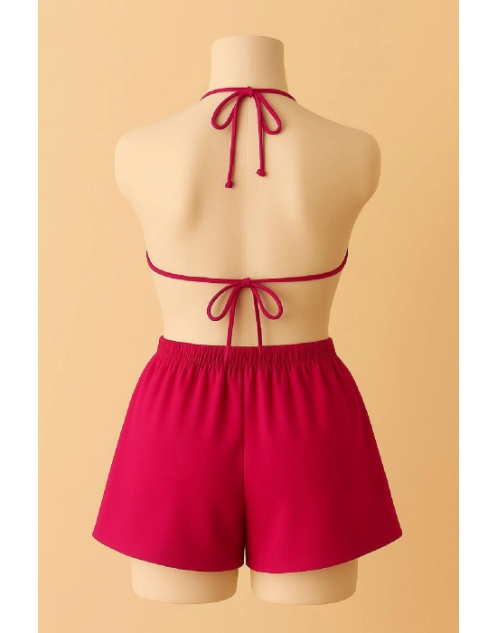 Kadın Fuşya Şortlu Belden Ve Boyundan Bağlamalı Bikini Takımı