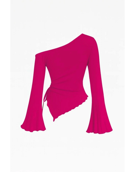 Kadın Fuşya Uzun İspanyol Kollu Asimetirik Yaka Yandan Bağlamalı Drapeli Bluz