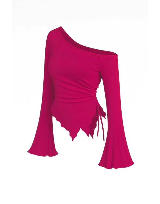 Kadın Fuşya Uzun İspanyol Kollu Asimetirik Yaka Yandan Bağlamalı Drapeli Bluz