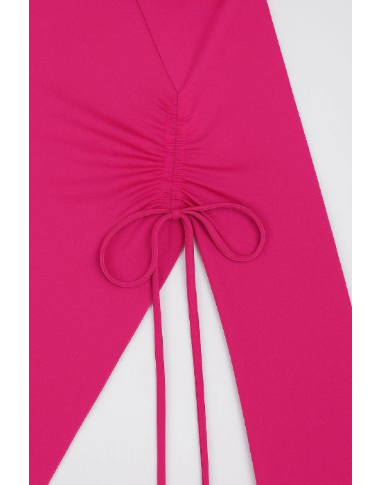 Kadın Fuşya Uzun İspanyol Kollu Asimetirik Yaka Yandan Bağlamalı Drapeli Bluz