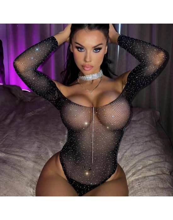 Kadın Göğüs Dekolteli Taşlı File Bodysuit Vucut Çorabı