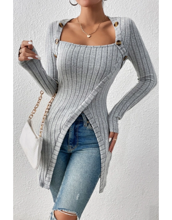 Kadın Gri Düğme Detaylı Kare Yaka Fitilli Asimetrik Etekli Uzun Kollu Bluz