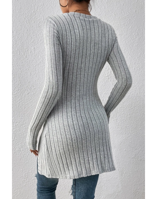 Kadın Gri Düğme Detaylı Kare Yaka Fitilli Asimetrik Etekli Uzun Kollu Bluz