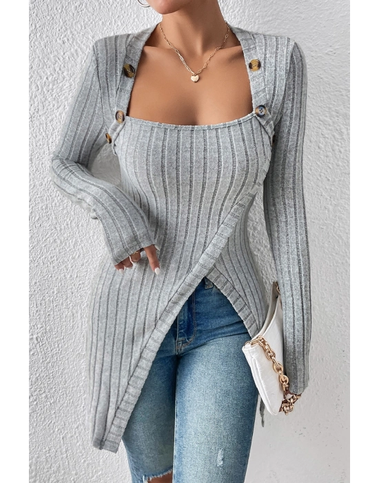 Kadın Gri Düğme Detaylı Kare Yaka Fitilli Asimetrik Etekli Uzun Kollu Bluz