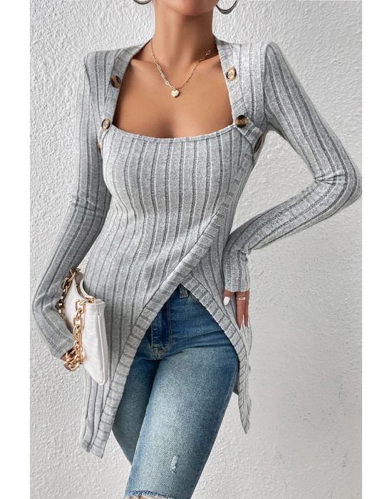 Kadın Gri Düğme Detaylı Kare Yaka Fitilli Asimetrik Etekli Uzun Kollu Bluz