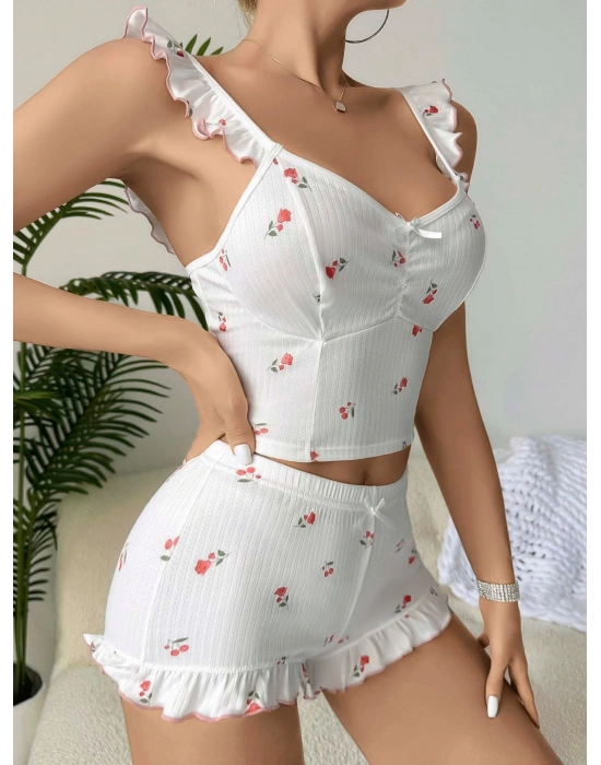 Kadın Gül Ve Kiraz Desenli Şortlu Gecelik Takım 5112