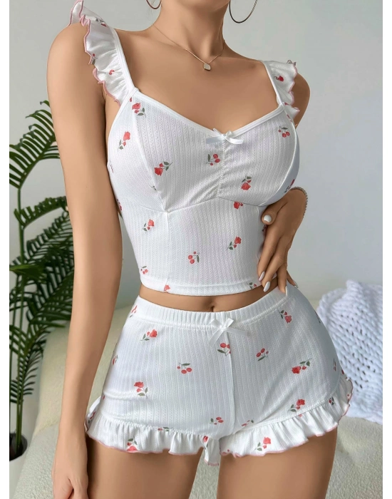 Kadın Gül Ve Kiraz Desenli Şortlu Gecelik Takım 5112