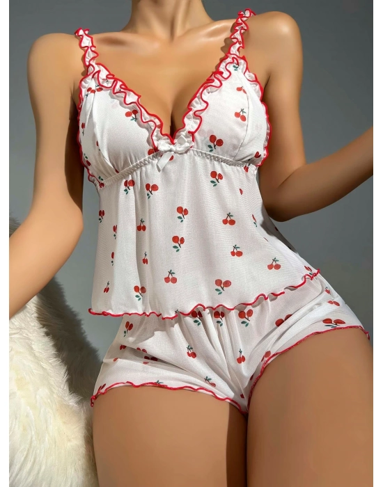 Kadın Kiraz Desenli Fırfırlı Şortlu Gecelik Takım 5101