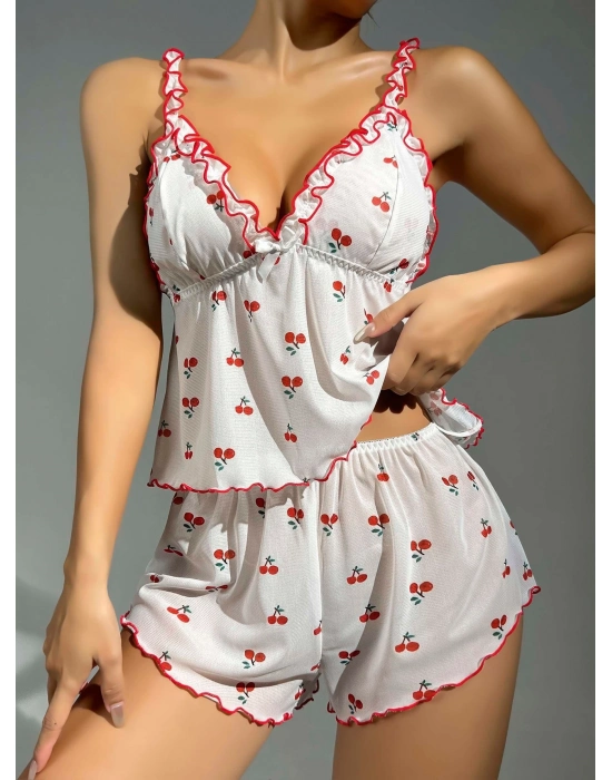 Kadın Kiraz Desenli Fırfırlı Şortlu Gecelik Takım 5101