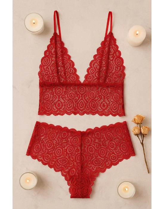 Kadın Kırmızı Dantel Bralet Şort Takımı – Tutkulu Ve Çekici İç Giyim