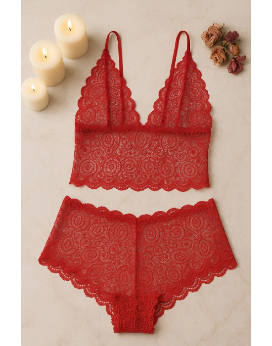 Kadın Kırmızı Dantel Bralet Şort Takımı – Tutkulu Ve Çekici İç Giyim