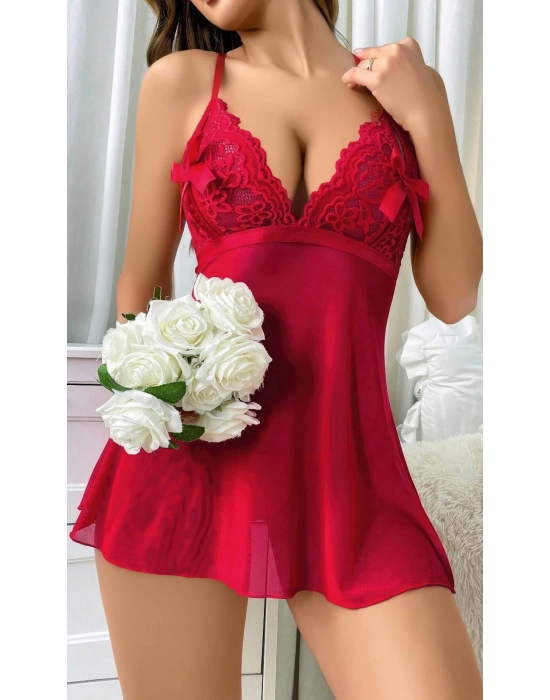 Kadın Kırmızı Fantazi Gecelik Kısa Tül Göğüs Fiyok Detaylı 2097