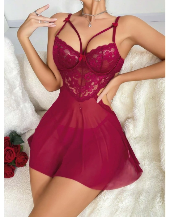 Kadın Kırmızı Fantazi Gecelik Tül Göğüs Dantel Dekolteli Fiyok Detaylı 2162