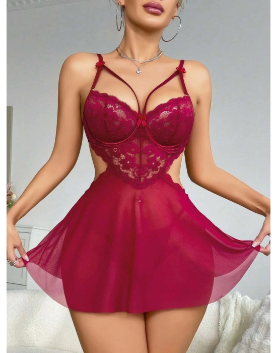 Kadın Kırmızı Fantazi Gecelik Tül Göğüs Dantel Dekolteli Fiyok Detaylı 2162