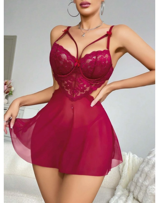 Kadın Kırmızı Fantazi Gecelik Tül Göğüs Dantel Dekolteli Fiyok Detaylı 2162