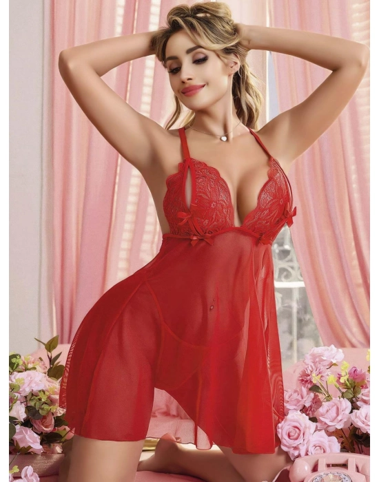 Kadın Kırmızı Fantazi Gecelik Tül Göğüs Dekolteli Fiyok Detaylı 2203