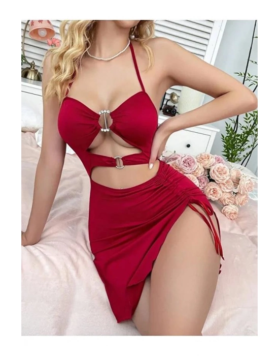 Kadın Kırmızı Fantezi Elbise Önden Büzgü Dekolteli 5082