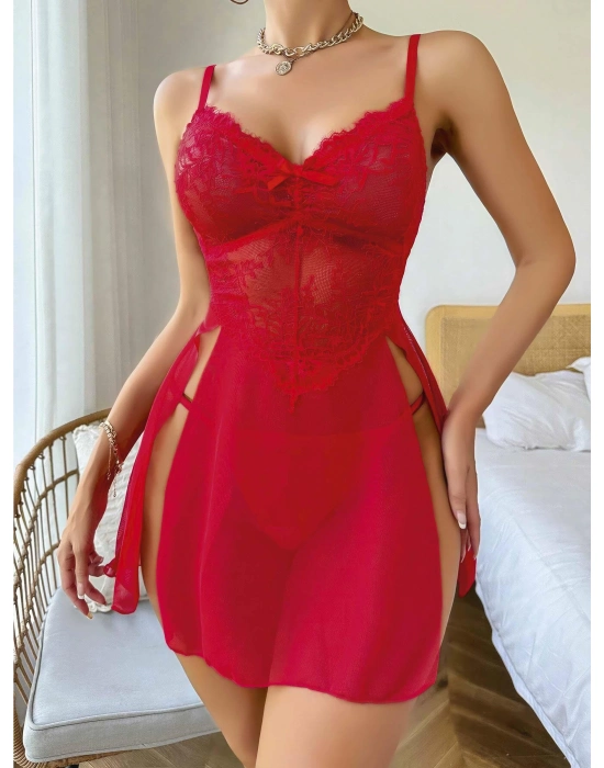 Kadın Kırmızı Fantezi Gecelik Tül Fiyonk Detaylı Yanları Dekolteli 2160