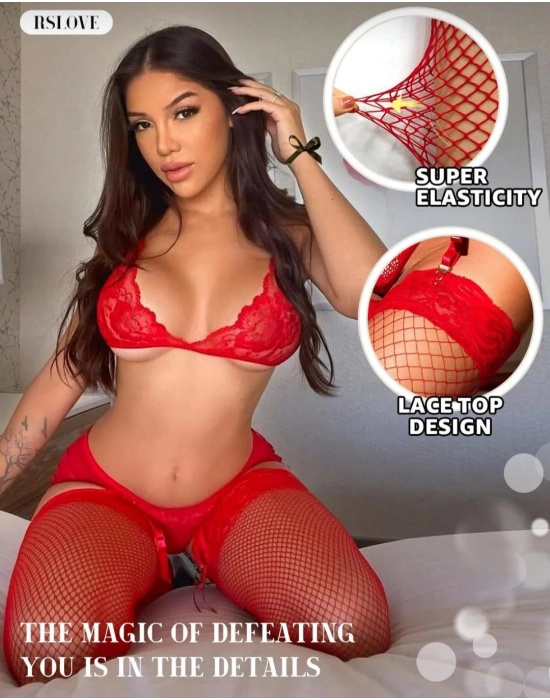 Kadın Kırmızı File Silikonlu Jartiyer Çorabı