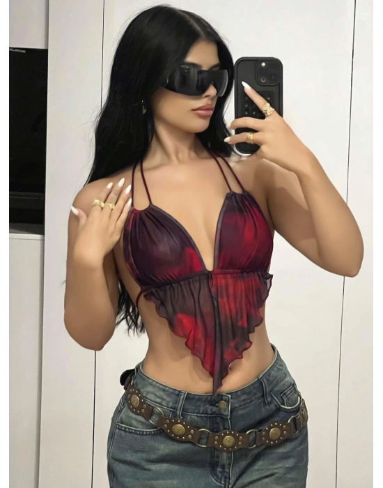 Kadın Kırmızı Siyah Renklerde Önden Üçgen Kesim Detaylı Crop Askılı Önden Bağlama 5092