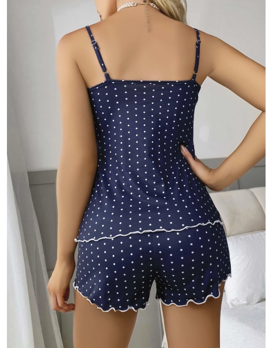 Kadın Lacivert Dantel Detaylı Beyaz Noktalı Şortlu Gecelik Pijama Takımı 5049
