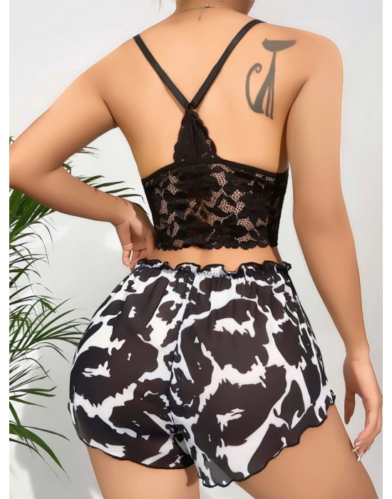 Kadın Leopar Dantel Detaylı Şortlu Gecelik Pijama Takımı 5055