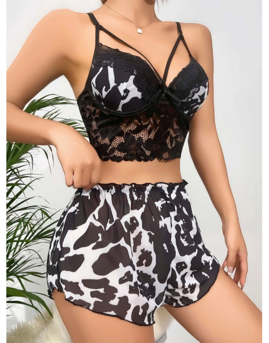 Kadın Leopar Dantel Detaylı Şortlu Gecelik Pijama Takımı 5055