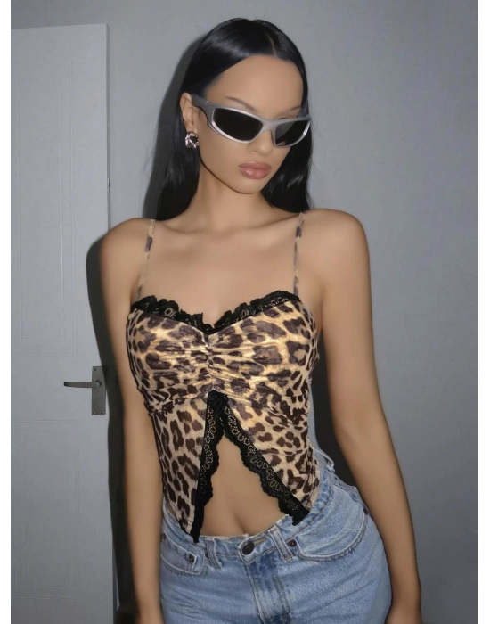Kadın Leopar Desenli Crop Önden Dantel Detaylı 5095