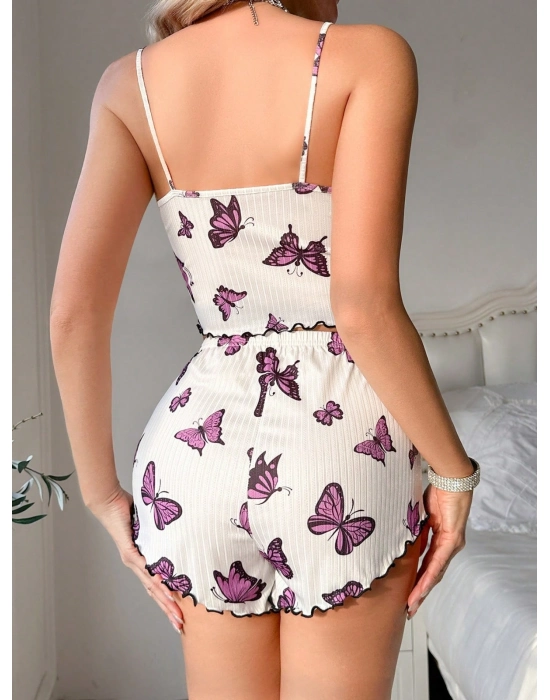 Kadın Lila Kebek Desenli Mini Şortlu Takım